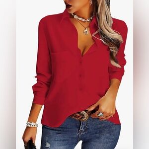 AISEW Button Down Shirt, Long/Sleeve Collared Blouse , Color Red, Large